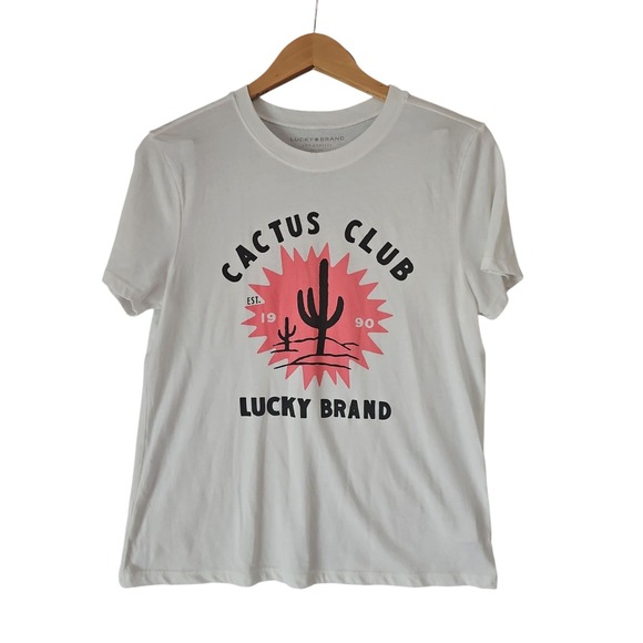 LUCKY BRAND‎ T Shirt Top White Black Cactus Club Graphic Tee Short Sleeve Size M - Picture 1 of 8